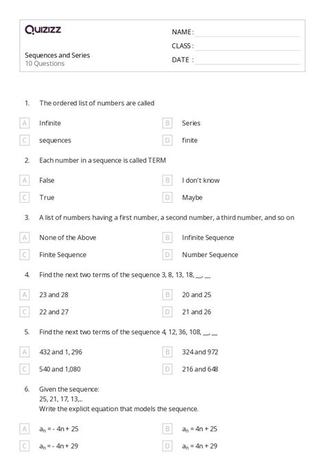 50 Sequences And Series Worksheets On Quizizz Free And Printable