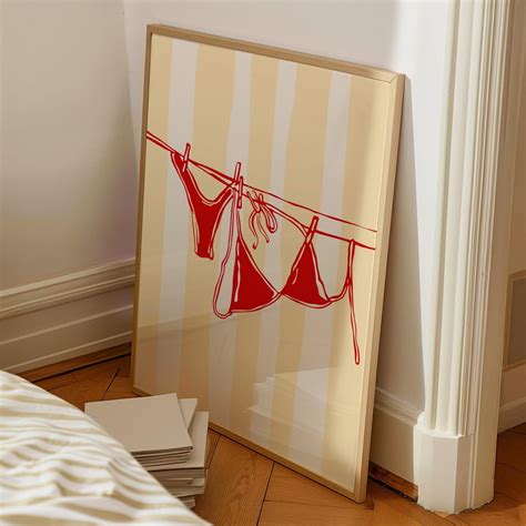Miluva Red Bikini Summer Digital Print Beachy Wall Art Bikini On Clothesline Coastal