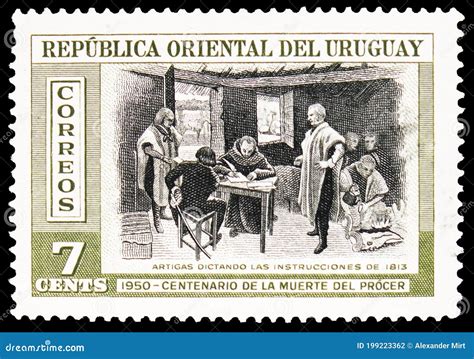 Postage Stamp Printed In Uruguay Shows General Artigas Dictating