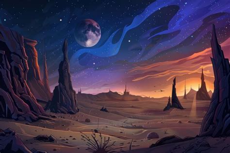 Desert Planet Landscape With Rocky Formations And Alien Moon Premium