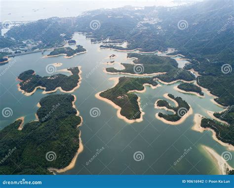 Aerial View Over Hong Kong Tai Lam Chung Reservoir Under Smokey Weather ...