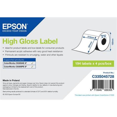 Epson étiquettes Papier High Gloss 210mm x 297mm pour Colorworks