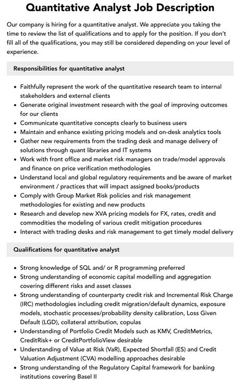 Quantitative Analyst Job Description Velvet Jobs