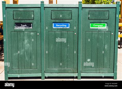 Close Up Of Trash Recycling And Compost Bins Stock Photo Alamy