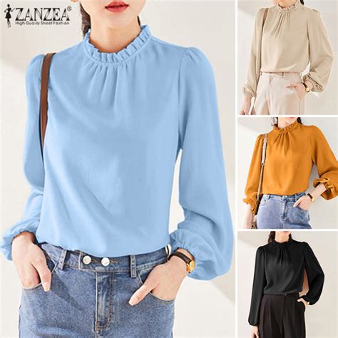 Esolo Zanzea Korean Style Women Puff Long Sleeve Ruffle Neck Blouse