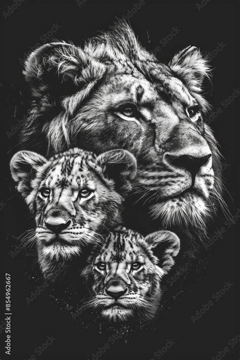 Lioness With Lion Cubs Image As A Tattoo Template On Black Background