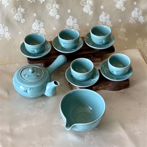 Korean Traditional Celadon Tea Set Cranes And Clouds Pattern Etsy