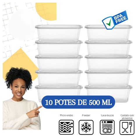 Kit 10 Potes Transparentes 500ml Reutilizável Tampa Marmita Fitness