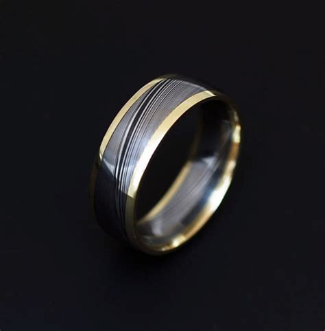 Genuine Stainless Damascus Steel And 18k Yellow Gold Mens Ring Etsy