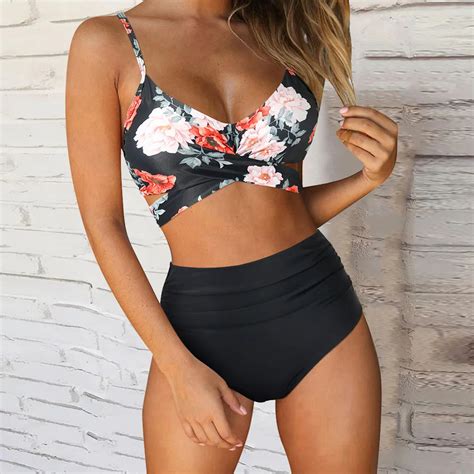 Conjunto De Biqu Ni De Cintura Alta Estampado Para Mulheres Fato De