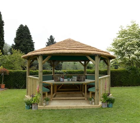 4 7m Premium Hexagonal Wooden Garden Gazebo With Thatched Roof