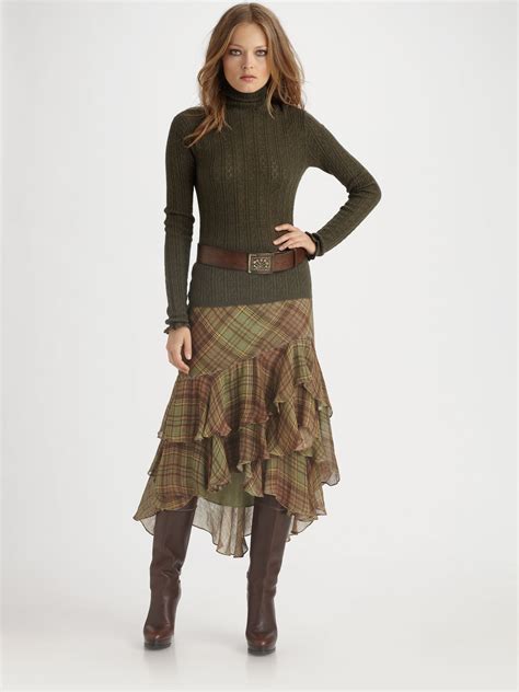 Lyst Ralph Lauren Blue Label Plaid Linen Skirt In Brown