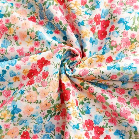 White Multicolor Floral Printed Cambric Cotton Fabric By Etsy