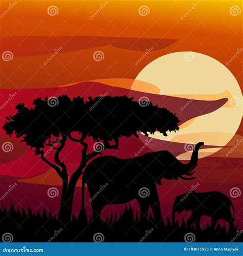 Silhouette View of Elephant at Sunset Stock Vector - Illustration of ...