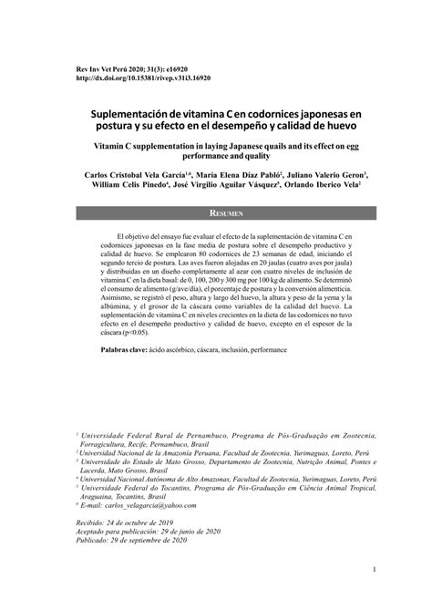 Pdf Suplementaci N De Vitamina C En Codornices Japonesas En Postura Y