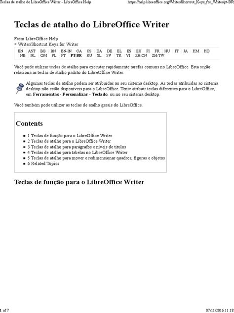 Teclas De Atalho Do Libreoffice Writer Libreoffice Help Pdf