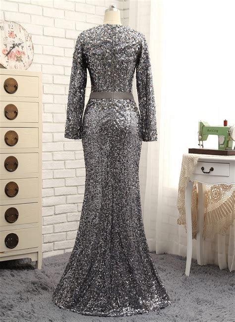 Gray Evening Dresses Mermaid Long Sleeves Crystals Sparkle Long Evening