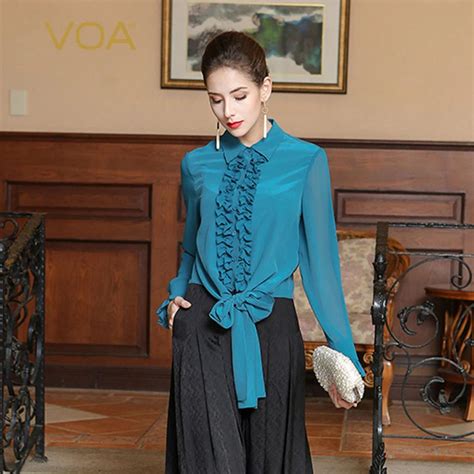 Voa Heavy Silk Blouse Plus Size Women Tops Cyan Blue Long Sleeve Belt Ruffle Casual Solid Slim