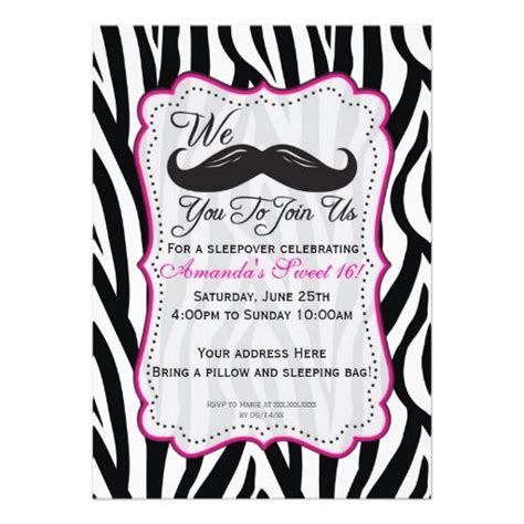 Black And Pink Zebra Mustache Sleepover Party Invitation Sleepover