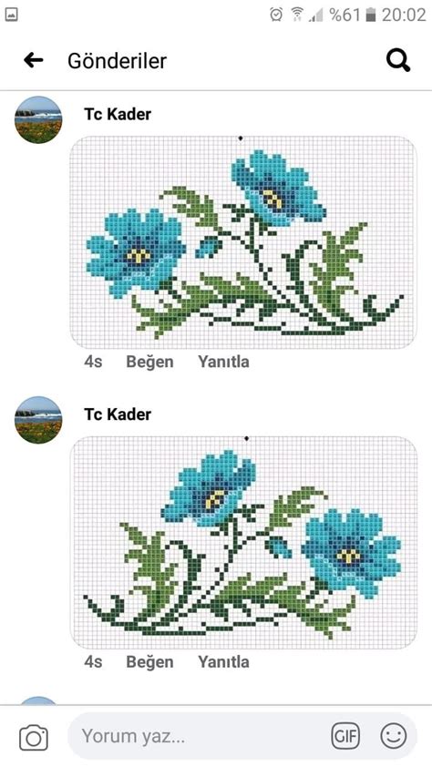 Two Cross Stitch Pictures With Blue Flowers On Them