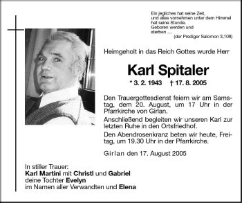 Traueranzeigen Von Karl Spitaler Trauer Bz