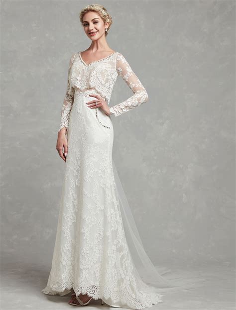 32999 Sheath Column Wedding Dresses V Neck Sweep Brush Train Lace Tulle Long Sleeve