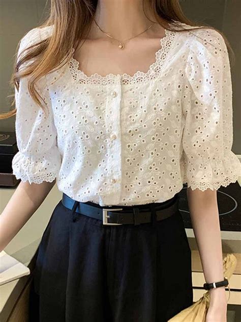 Huidianyin Collar White Lace Blouse Women Fashion Elegant Hollow Out Tops Summer Short Sleeve