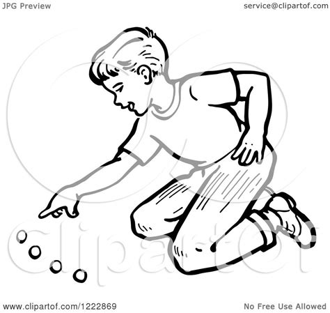 Clipart Of A Retro Boy Playing With Marbles In Black And White