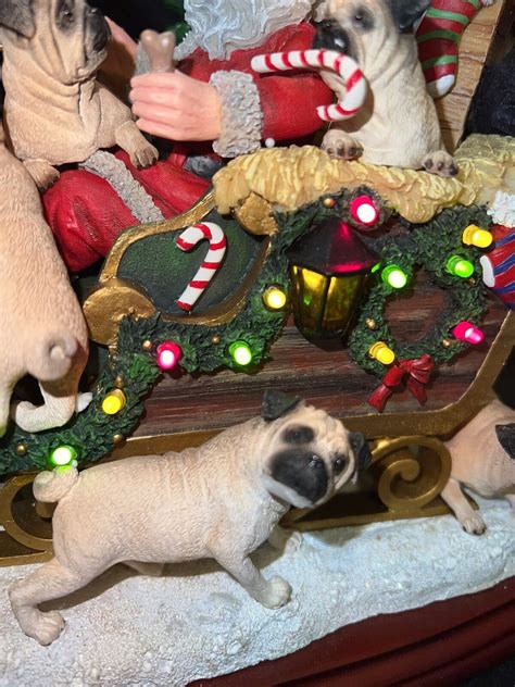 Rare Danbury Mint Pugs Dog Christmas Sleigh With Santa And Deer Lighted