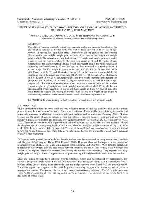 PDF EFFECT OF SEX SEPARATION ON GROWTH PERFORMANCE AND CARCASS CHARACTERISTICS OF BROILERS