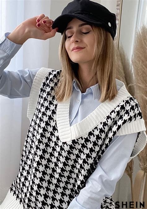 Houndstooth V Neck Oversized Sweater Vest SHEIN USA