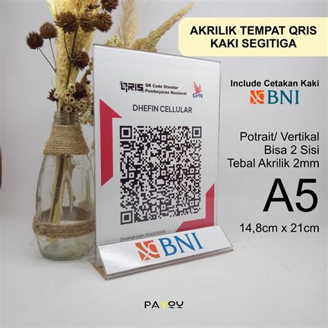 Jual Akrilik Tempat QRIS Barcode A5 2mm Kaki Segitiga Logo BNI