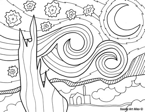 Van Gogh Starry Night Coloring Page Coloring Pages