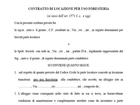 MODULO CONTRATTO DI LOCAZIONE AD USO FORESTERIA