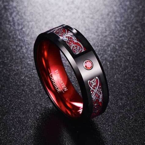 Celtic Dragon Tungsten Carbide Rings With Carbon Fiber Inlay Red Tungsten Ring Tungsten Band