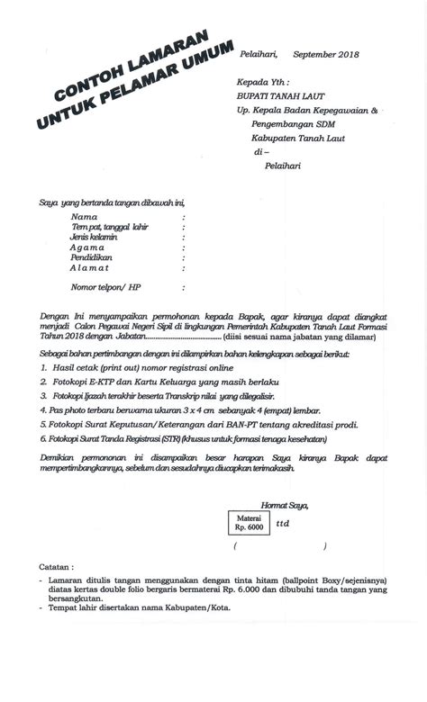 Contoh Surat Lamaran Untuk Pelamar Umum Cpns Kabupaten Tanah Laut