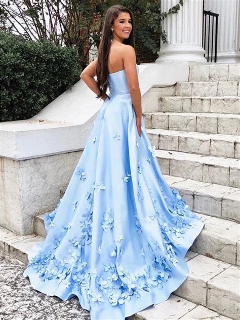 A Line Sky Blue Long Prom Dress with 3D Flowers, 3D Floral Long Blue F ...