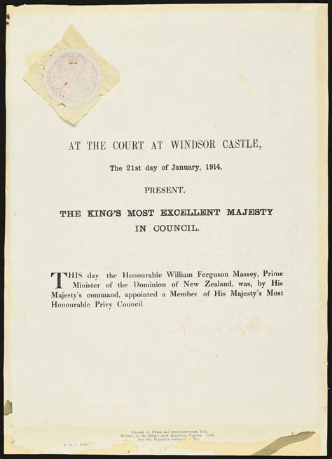 Privy Council Appointment Of Prime Minister William Massey 21 January 1914 Massey University