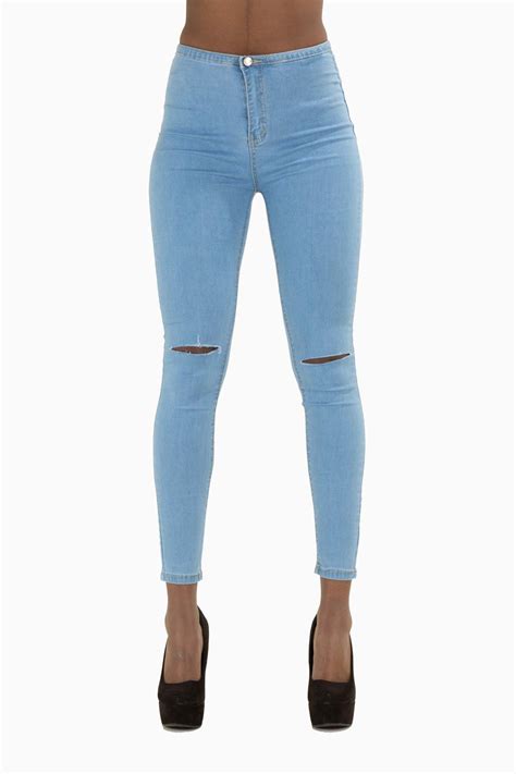 Womens High Waist Light Wash Blue Denim Skinny Jeans Ripped Knee Plus