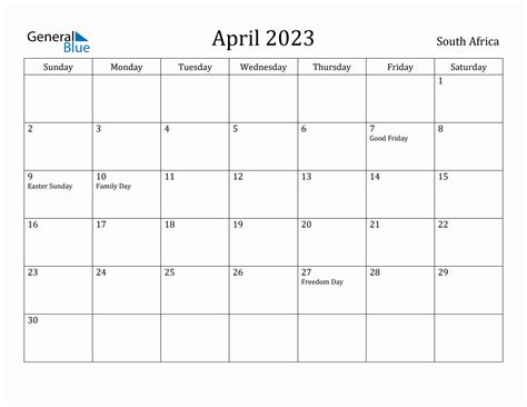 April 2023 Monthly Calendar With South Africa Holidays