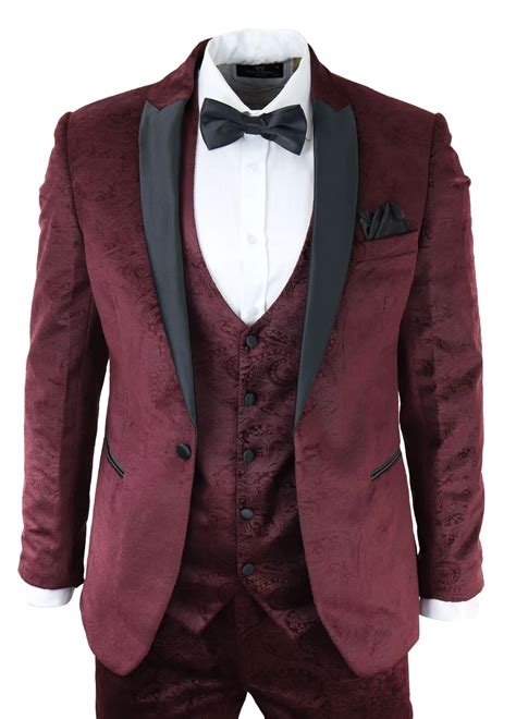 Mens Marc Darcy Velvet Paisley Burgundy Fit 3 Piece Suit Tuxedo Dinner