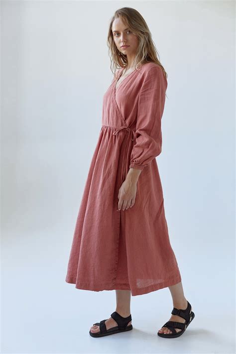 Linen Wrap Dress Persea Long Sleeve Wrap Dress With Pockets Etsy Uk