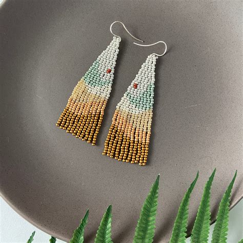 Beaded Fringe Earrings With Mountains Print Sage Beige Gold Etsy