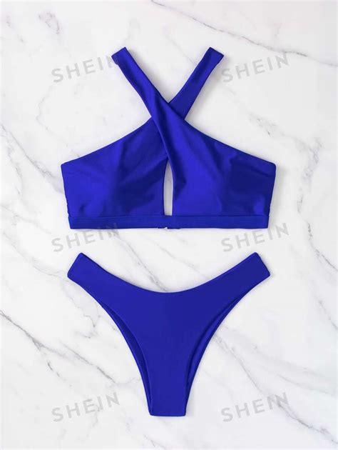 SHEIN Swim Ensemble de bikini unicolore croisé soutien gorge Bas