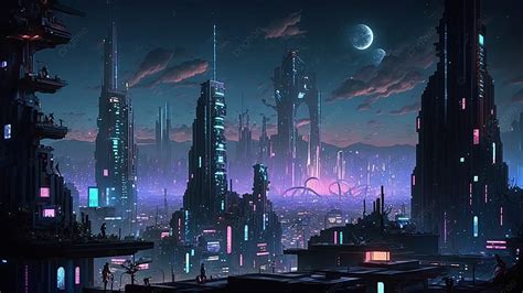 مدينة مستقبلية ليلة نمط Cyberpunk التوضيح الخلفية إحساس المستقبل حس