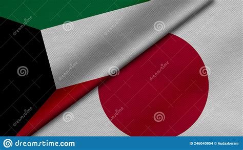 D Rendering Of Two Flags From State Of Kuwait And Japan With Fabric