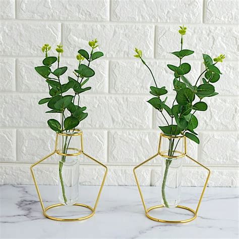 Balsacircle 2 Gold Metal Geometric Flower Vase Holders Clear Glass