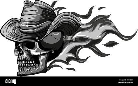 Skull On Fire With Flames Vector Illustration Black And White Fire