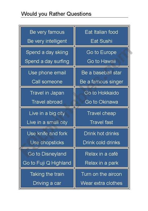 Would You Rather Esl Worksheet By Moonshyne