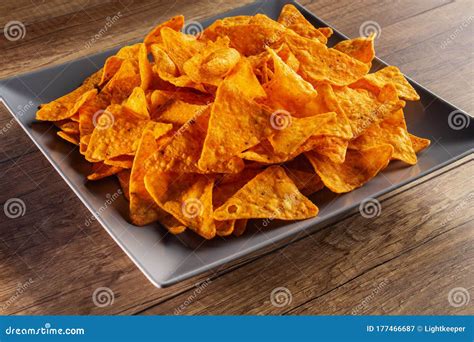 Tortilla Chips On A Rectangular Plate Close Up Stock Image Image Of